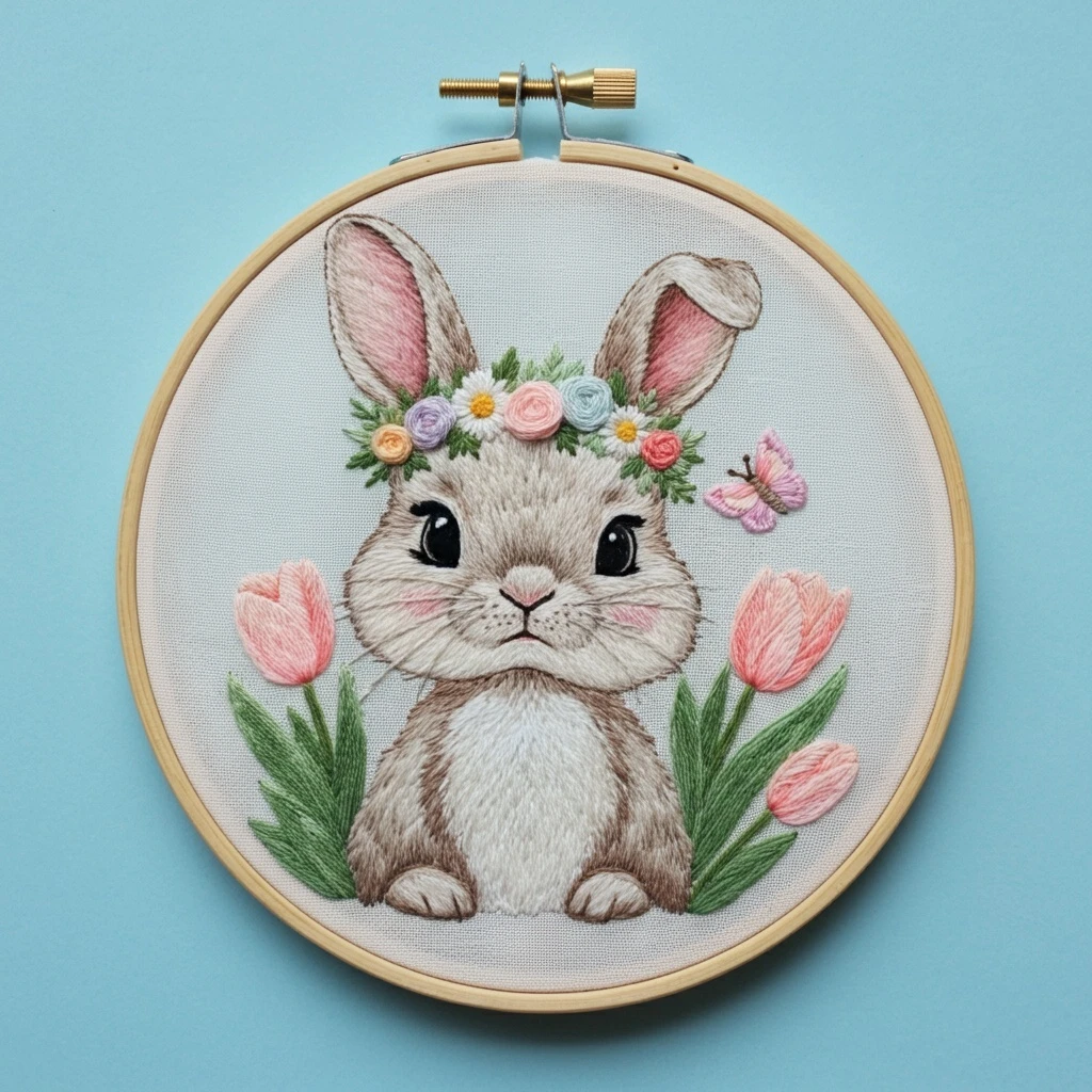 Adorable Embroidered Bunny with Flower Crown and Tulips