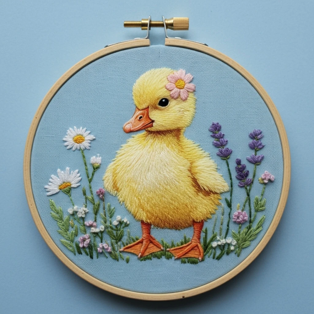 Adorable Hand Embroidered Duckling in a Flower Meadow