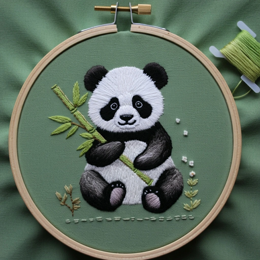 Adorable Hand Embroidered Panda with Bamboo