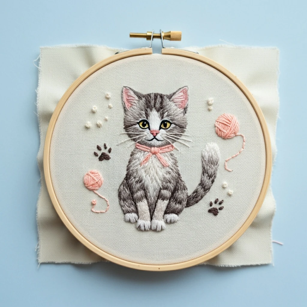 Adorable Hand Embroidered Tabby Kitten with Yarn