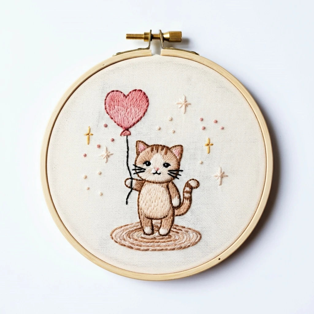 Adorable Kitten with Heart Balloon Hand Embroidery