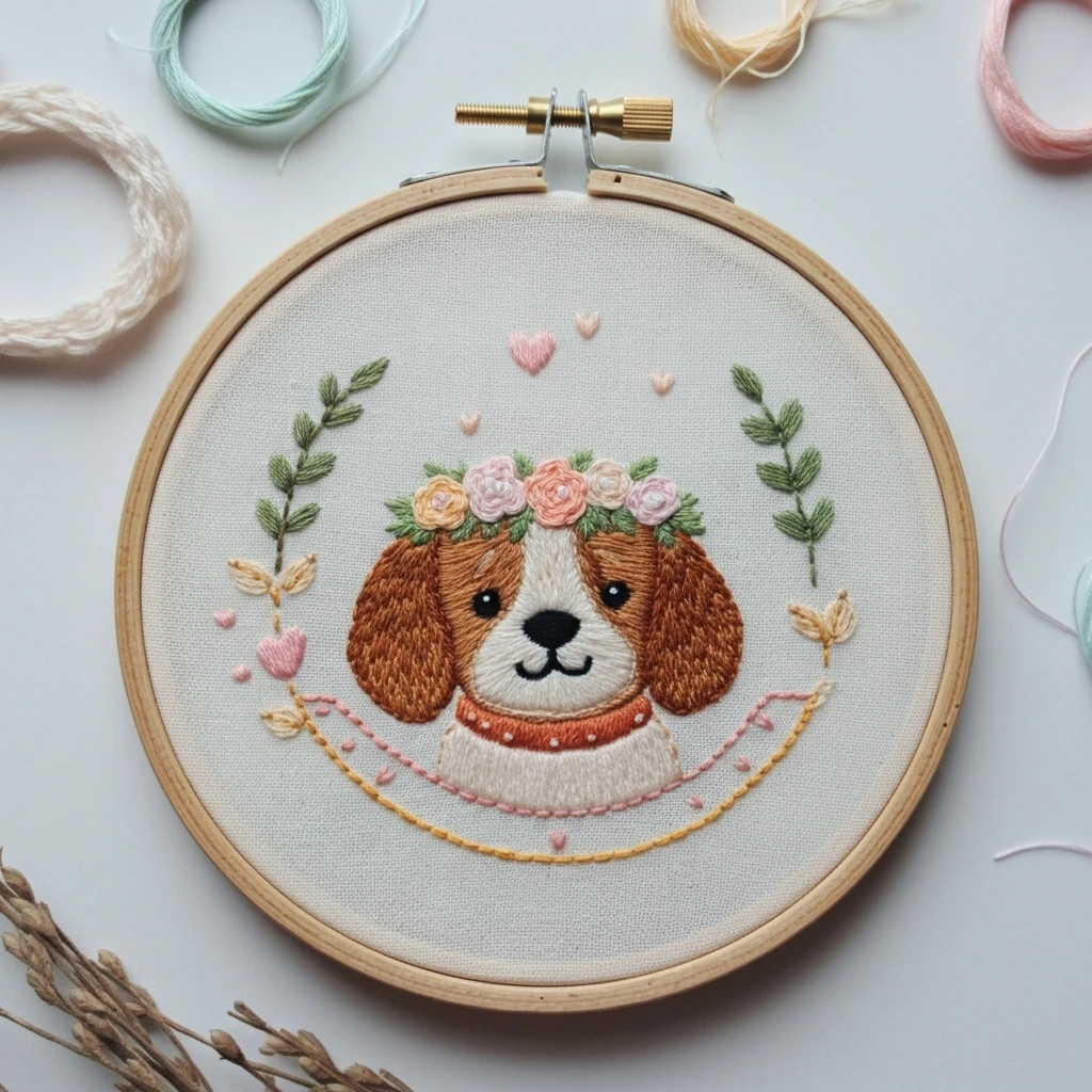Adorable Puppy Embroidery Hoop Art with Floral Crown