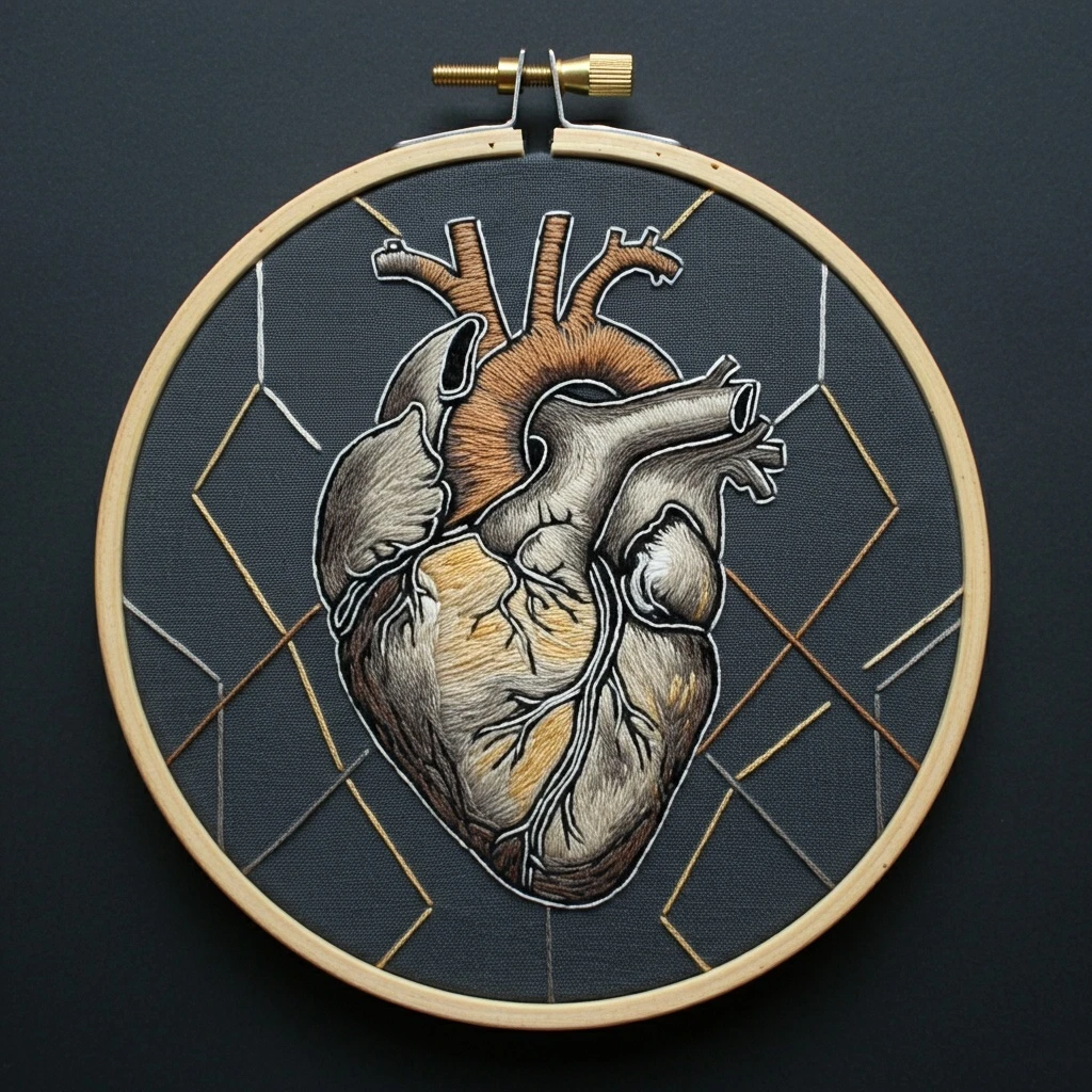 Anatomical Heart Embroidery on Geometric Background