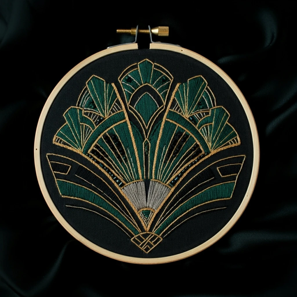 Art Deco Emerald and Gold Embroidery Hoop