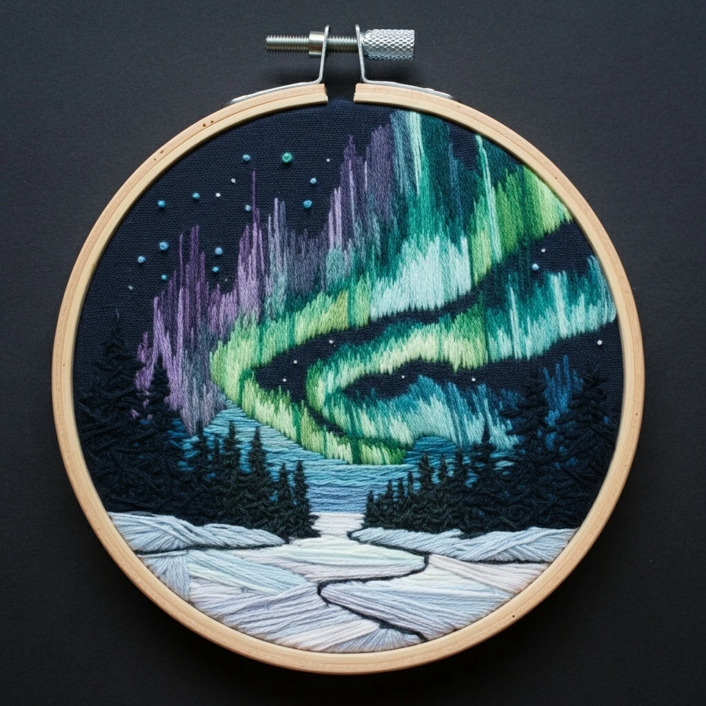 Aurora Borealis Winter Landscape Embroidery