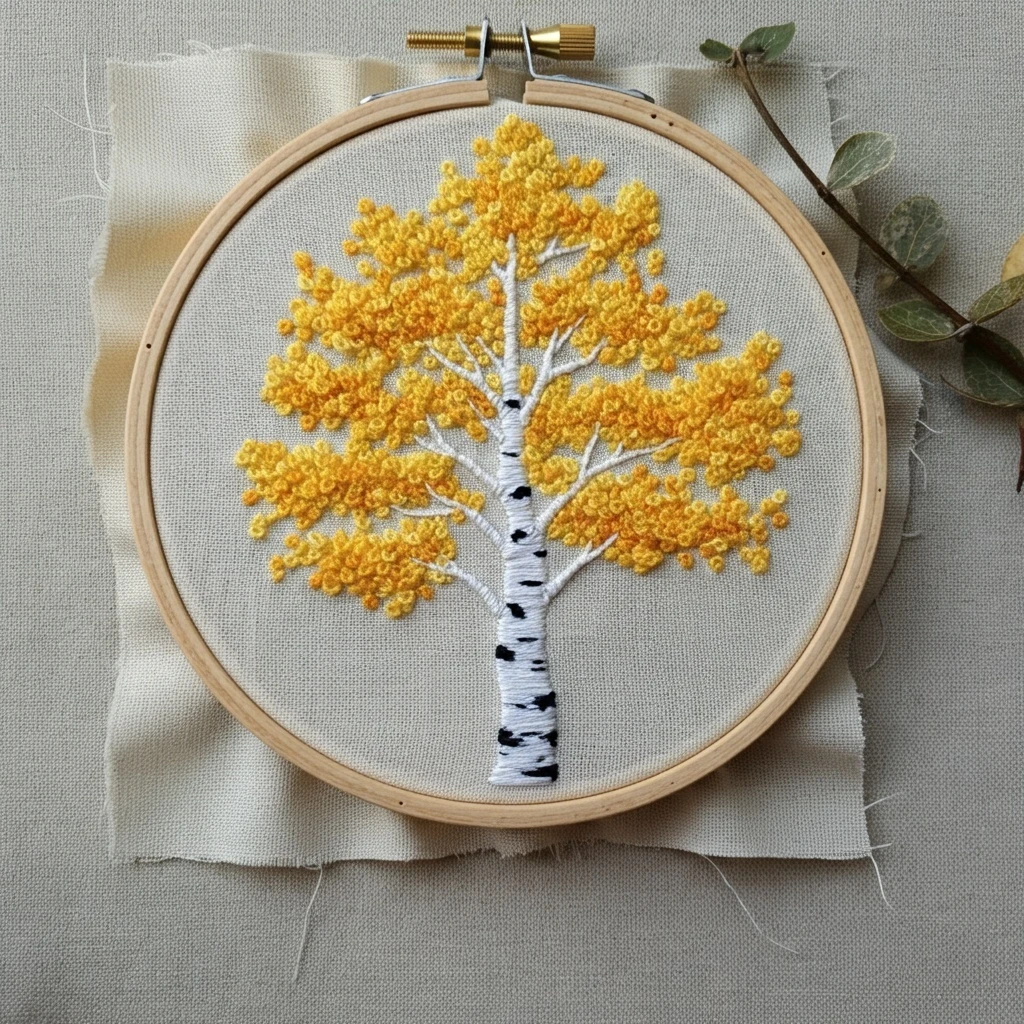 Autumn Aspen Birch Tree French Knot Embroidery