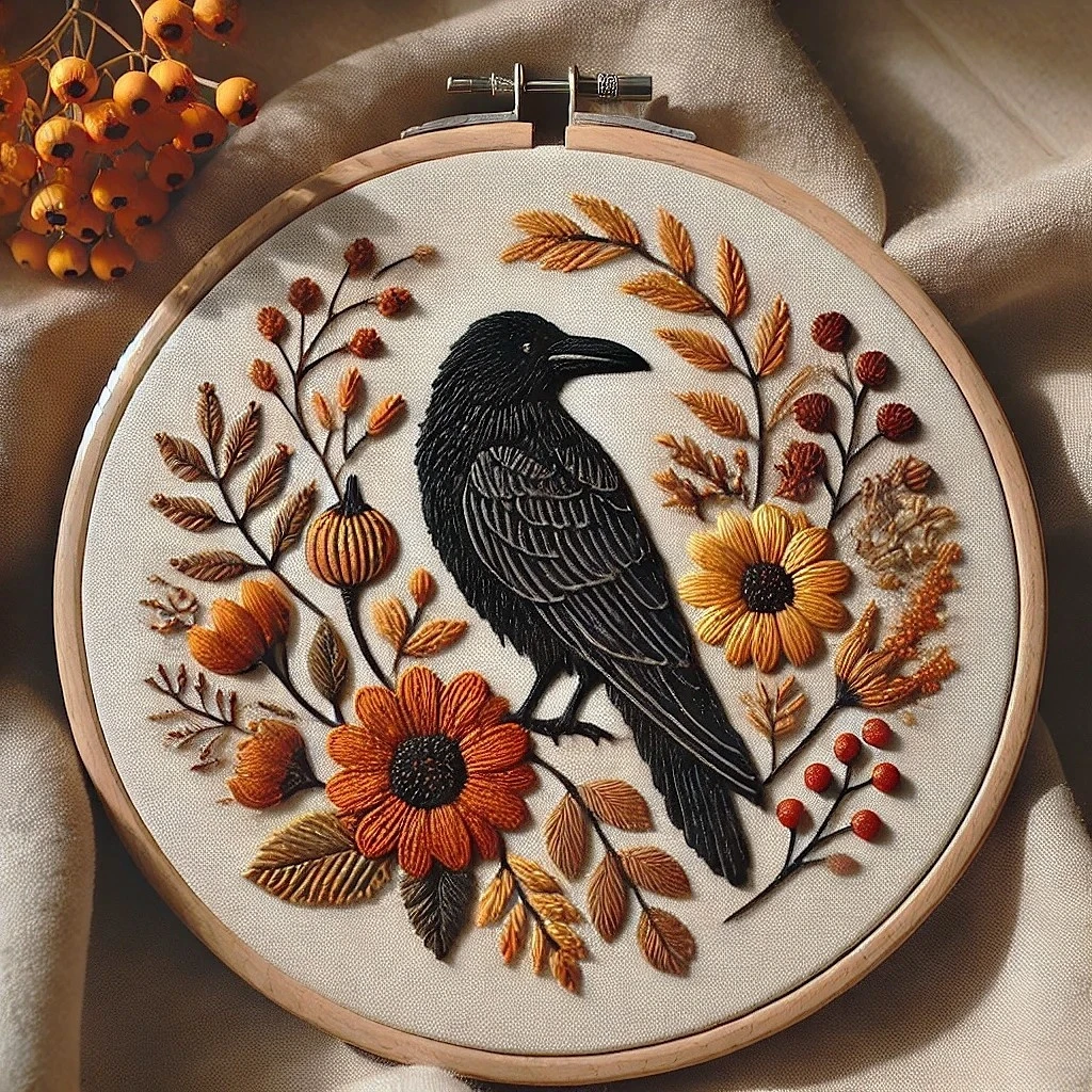 Autumn Raven Embroidery Hoop Art
