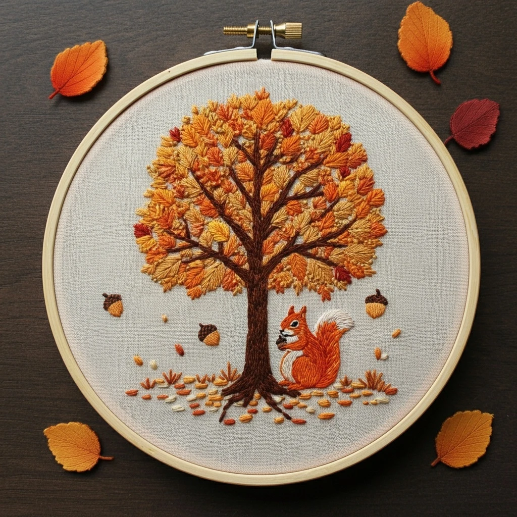 Autumn Squirrel and Maple Tree Embroidery