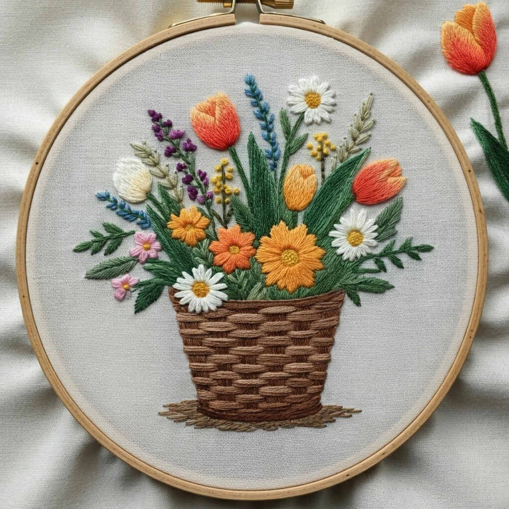 Basket of Spring Flowers Embroidery