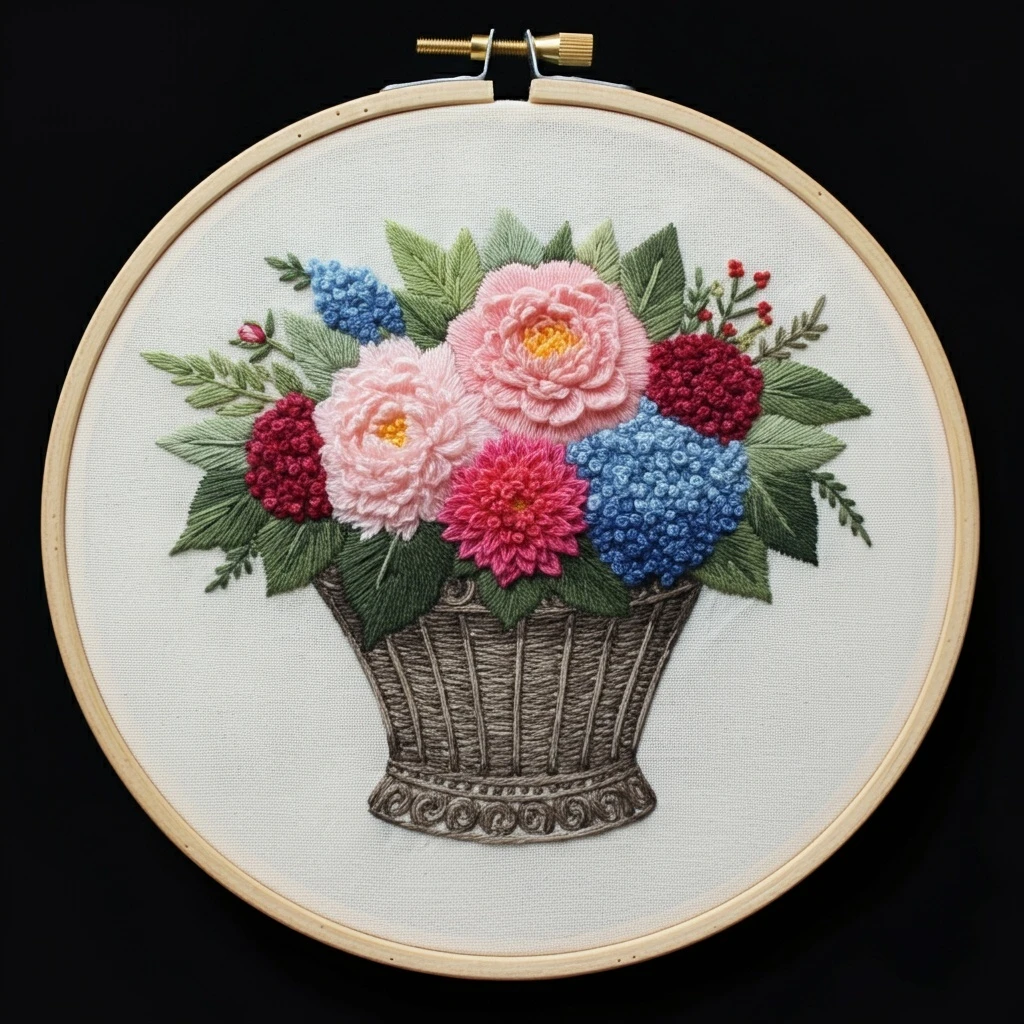 Basket of Summer Blooms Hand Embroidery