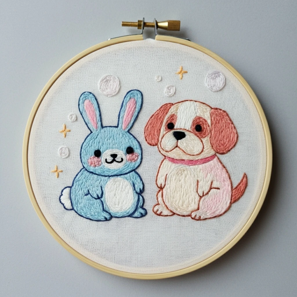 Beginner Friendly Embroidered Bunny and Puppy Hoop Art