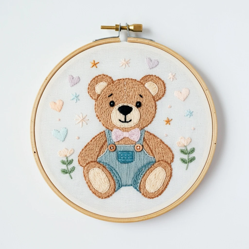 Beginner Friendly Teddy Bear Embroidery Hoop Art
