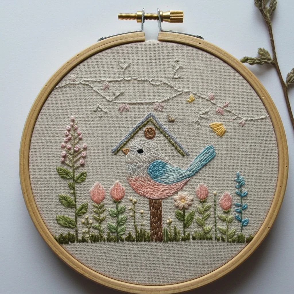 Birdhouse and Blossoms Beginner Embroidery Pattern