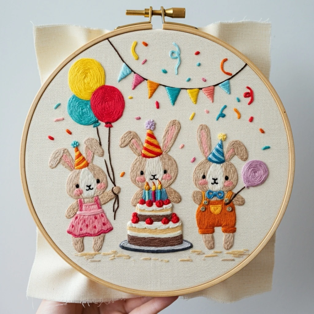 Birthday Bunny Celebration Embroidery Pattern
