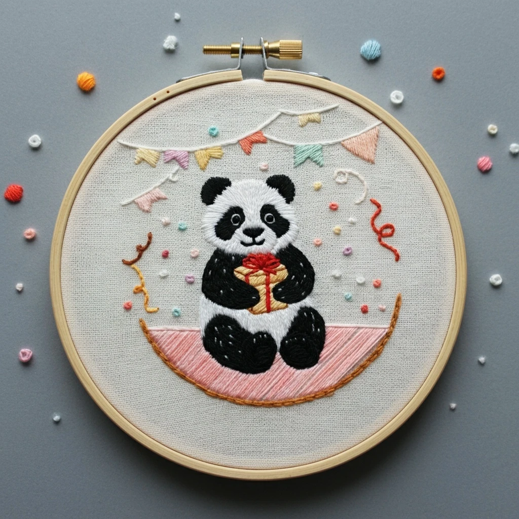 Birthday Panda Embroidery Hoop Art