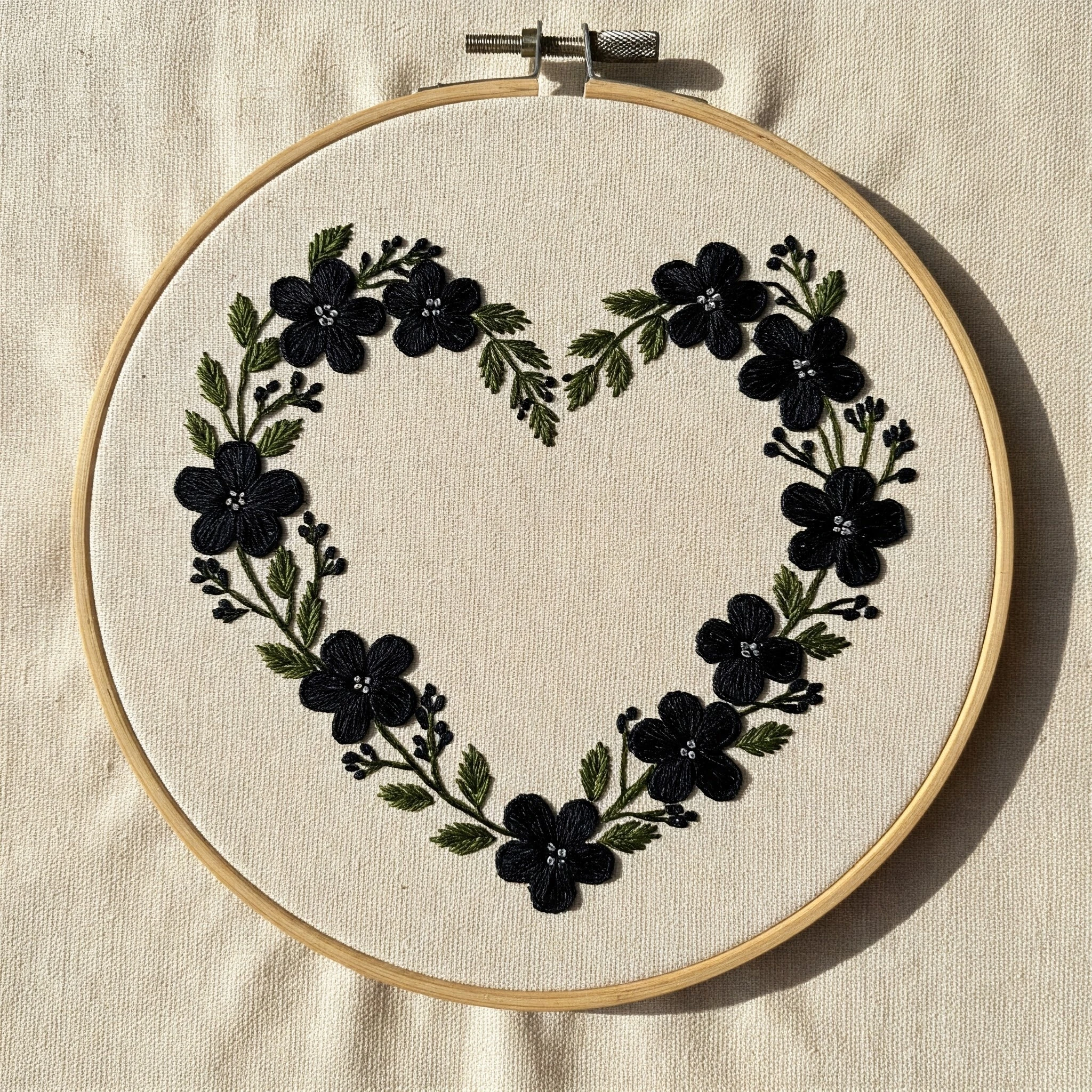 Black Floral Heart Embroidery in Hoop