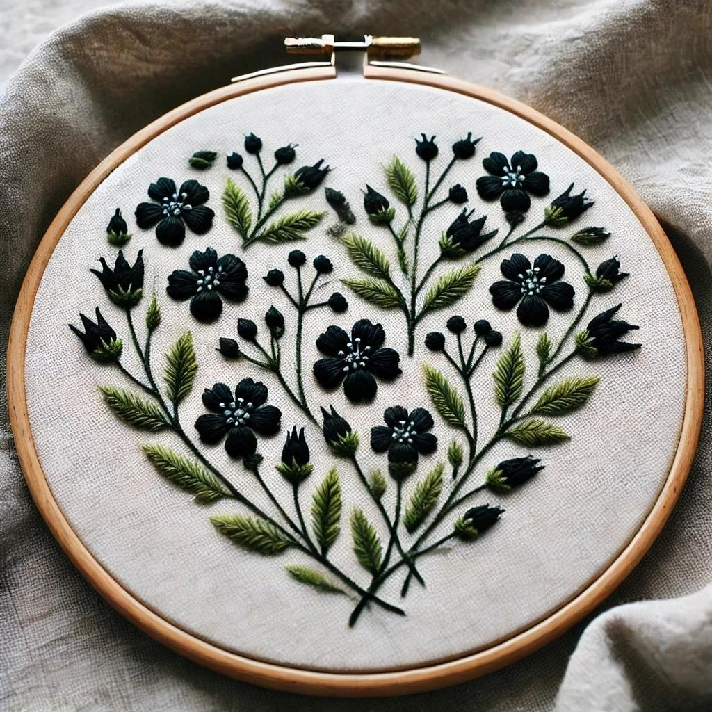 Black and Green Heart Shaped Floral Embroidery