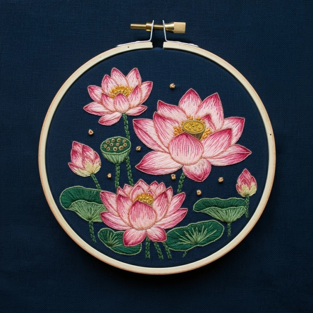 Blossoming Lotus Garden Embroidery Art
