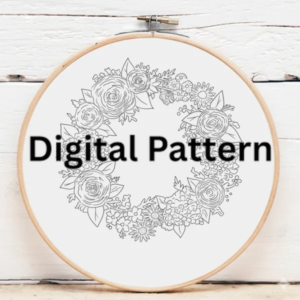 Blush Pink and Ivory Classic Rose Embroidery Wreath | Hand Embroidery Pattern PDF