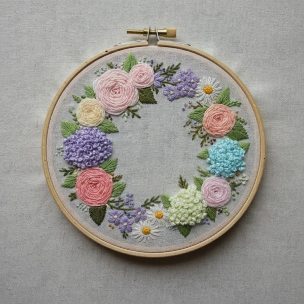 Blush Pink and Ivory Classic Rose Embroidery Wreath | Hand Embroidery Pattern PDF
