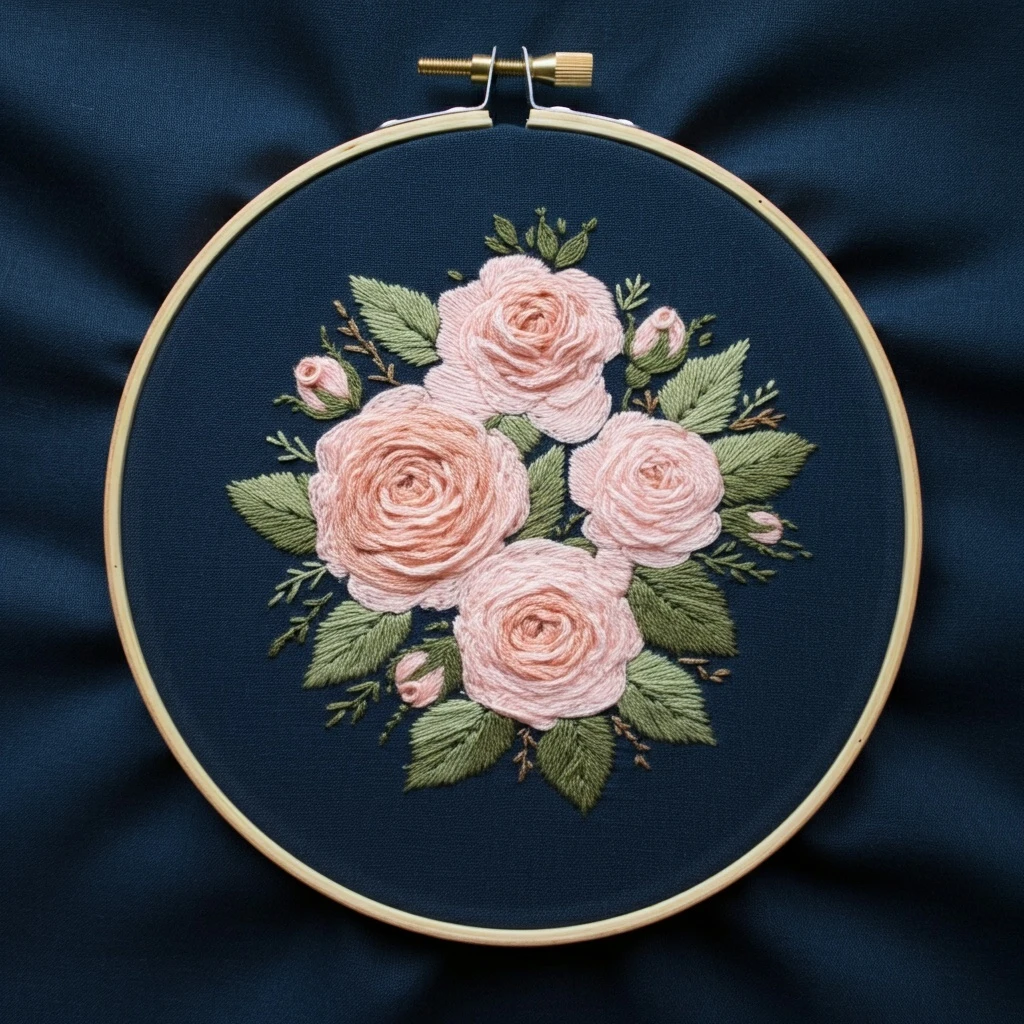 Blush Rose Garden on Navy Fabric
