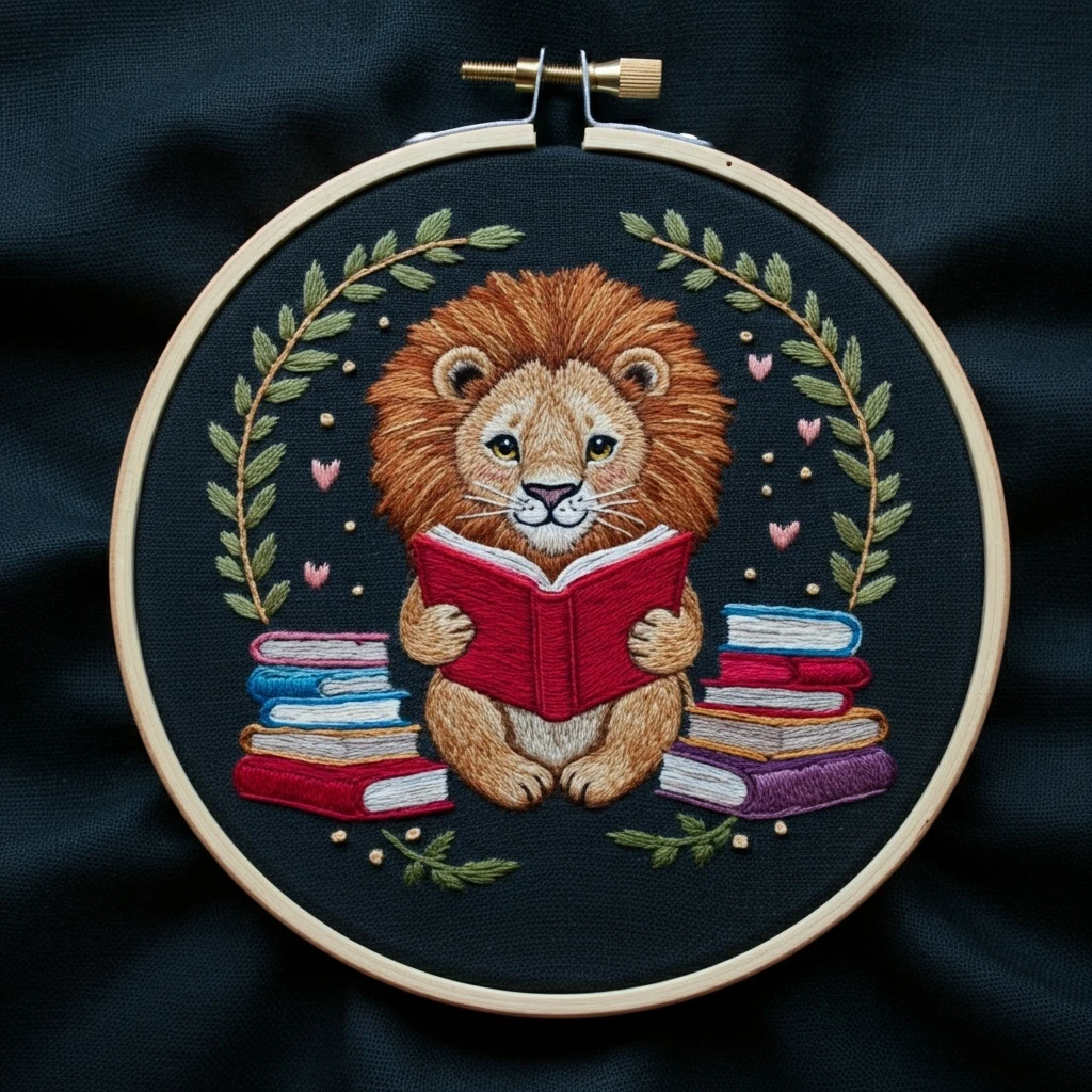 Bookish Lion Reading Embroidery Art