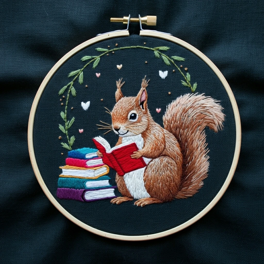 Bookish Woodland Squirrel Embroidery Art