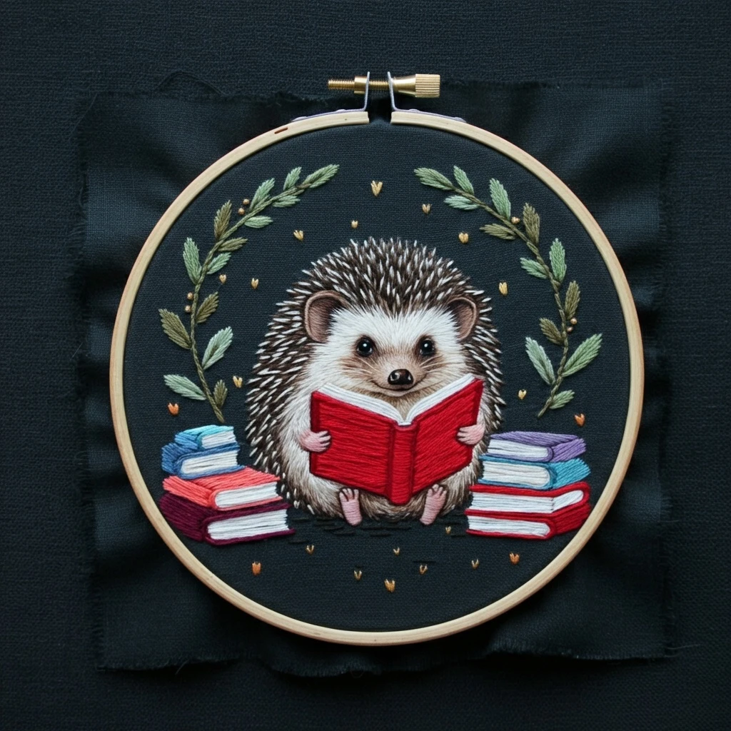 Bookworm Hedgehog Embroidery