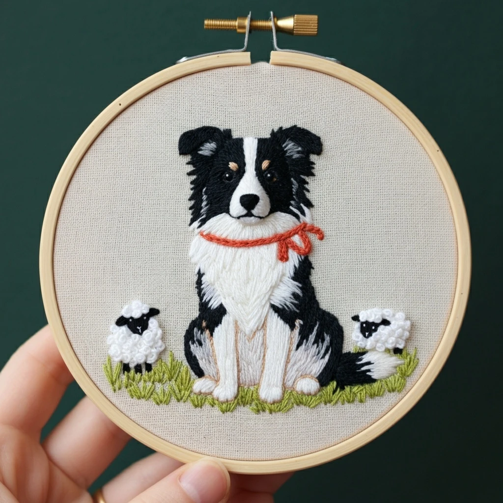 Border Collie and Sheep Embroidery Hoop Art