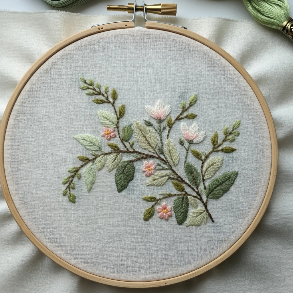 Botanical Study in Soft Greens Hand Embroidery