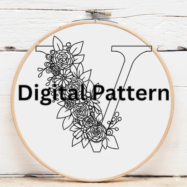 Burgundy Floral Monogram 'V' Embroidery | Hand Embroidery Pattern PDF