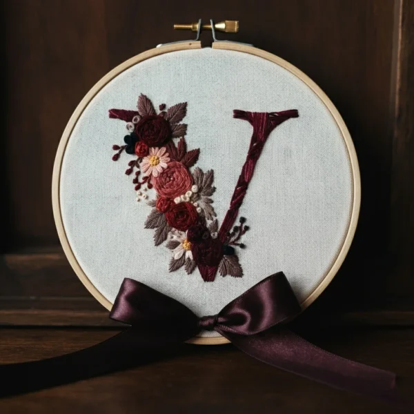 Burgundy Floral Monogram 'V' Embroidery | Hand Embroidery Pattern PDF