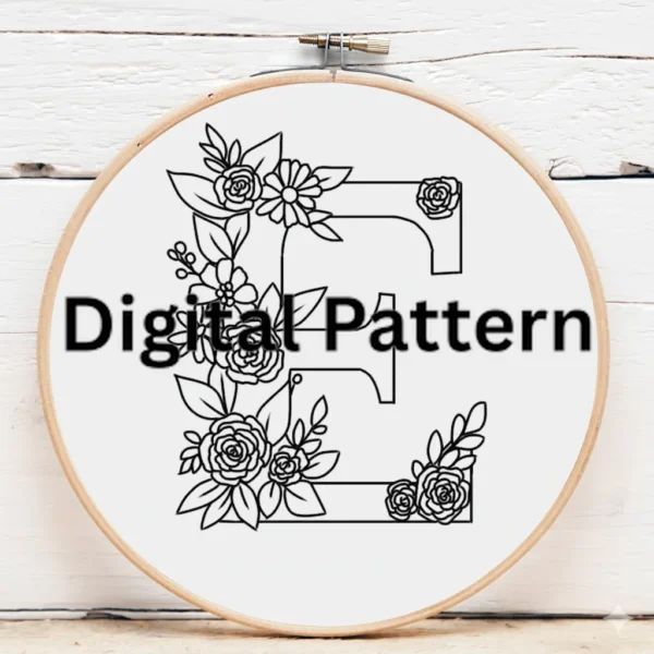 Burgundy Monogram 'E' Floral Initial Hand Embroidery Pattern | Hand Embroidery Pattern PDF