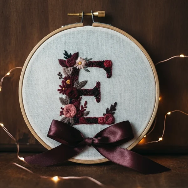 Burgundy Monogram 'E' Floral Initial Hand Embroidery Pattern | Hand Embroidery Pattern PDF