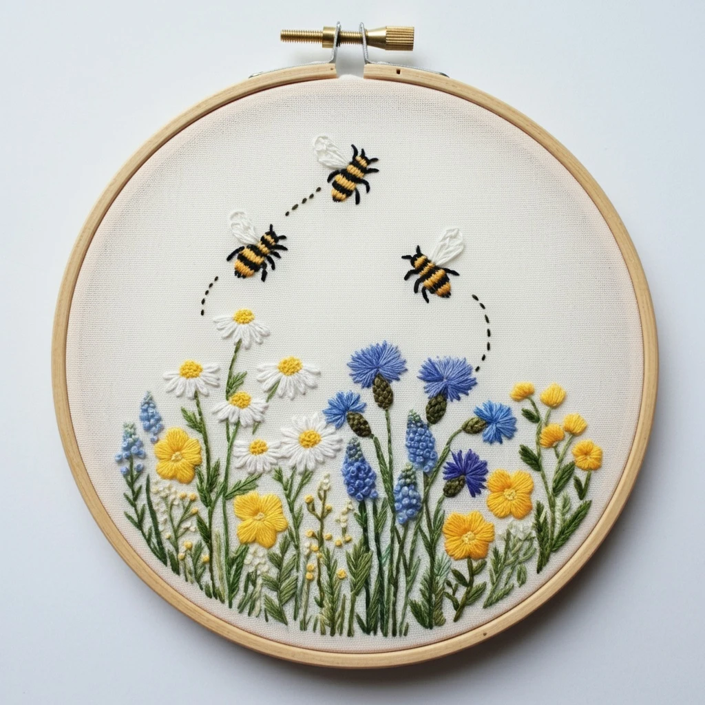 Buzzing Bee Meadow Floral Embroidery Hoop