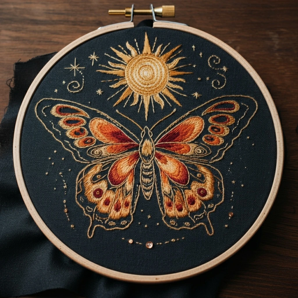Celestial Butterfly on Black Fabric