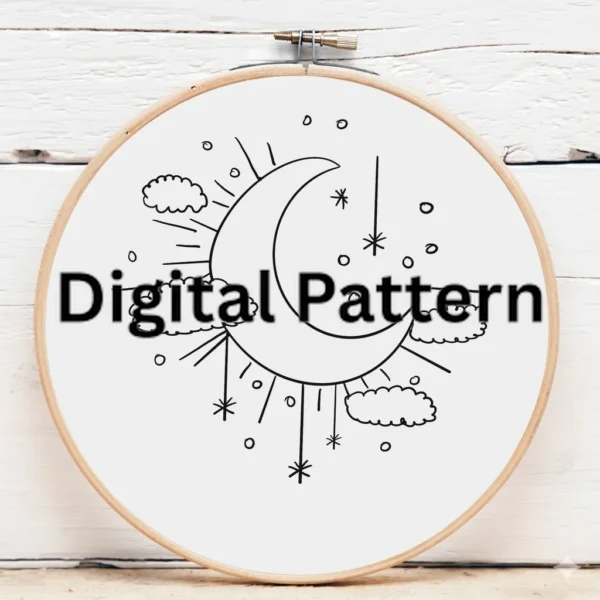 Celestial Crescent Moon and Clouds Embroidery Pattern | Hand Embroidery Pattern PDF