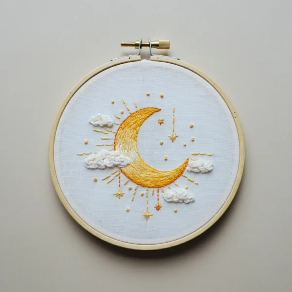 Celestial Crescent Moon and Clouds Embroidery Pattern | Hand Embroidery Pattern PDF