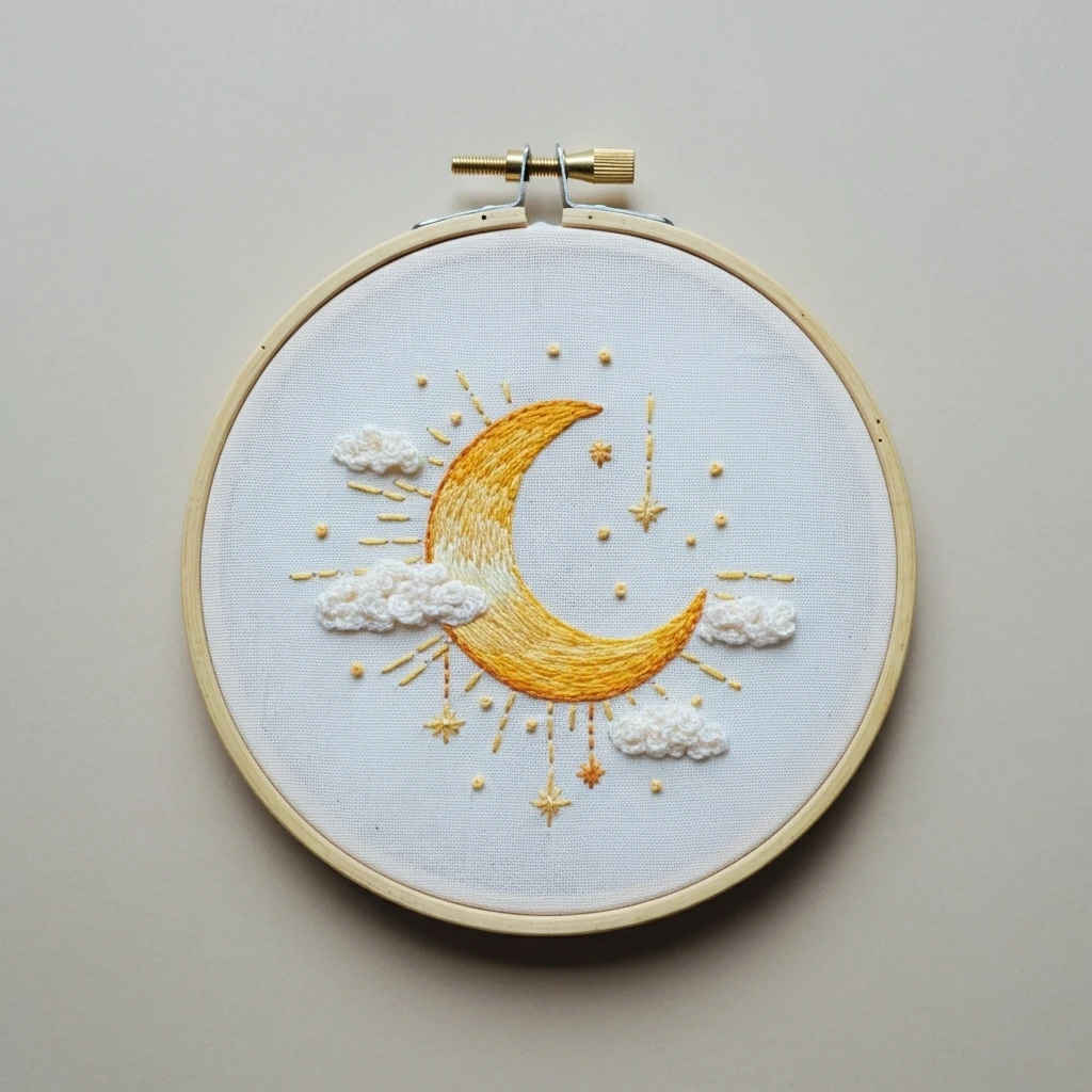 Celestial Crescent Moon and Clouds Embroidery Pattern