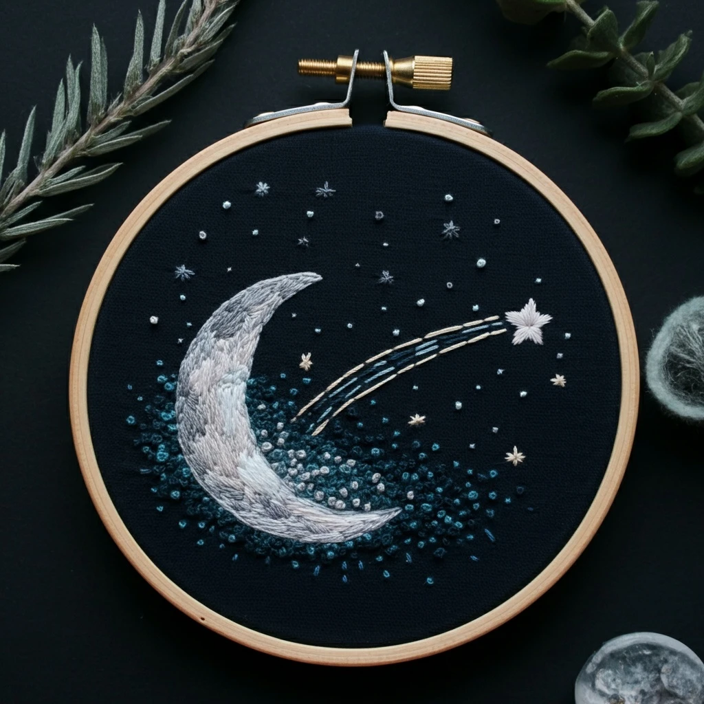 Celestial Crescent Moon and Shooting Star Embroidery