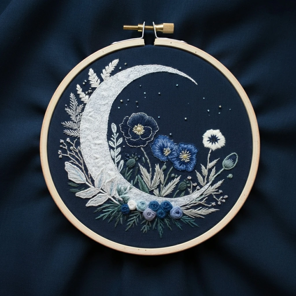 Celestial Moon and Midnight Bloom Embroidery