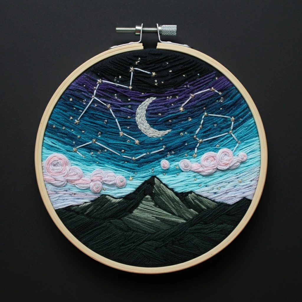 Celestial Night Sky and Mountain Embroidery