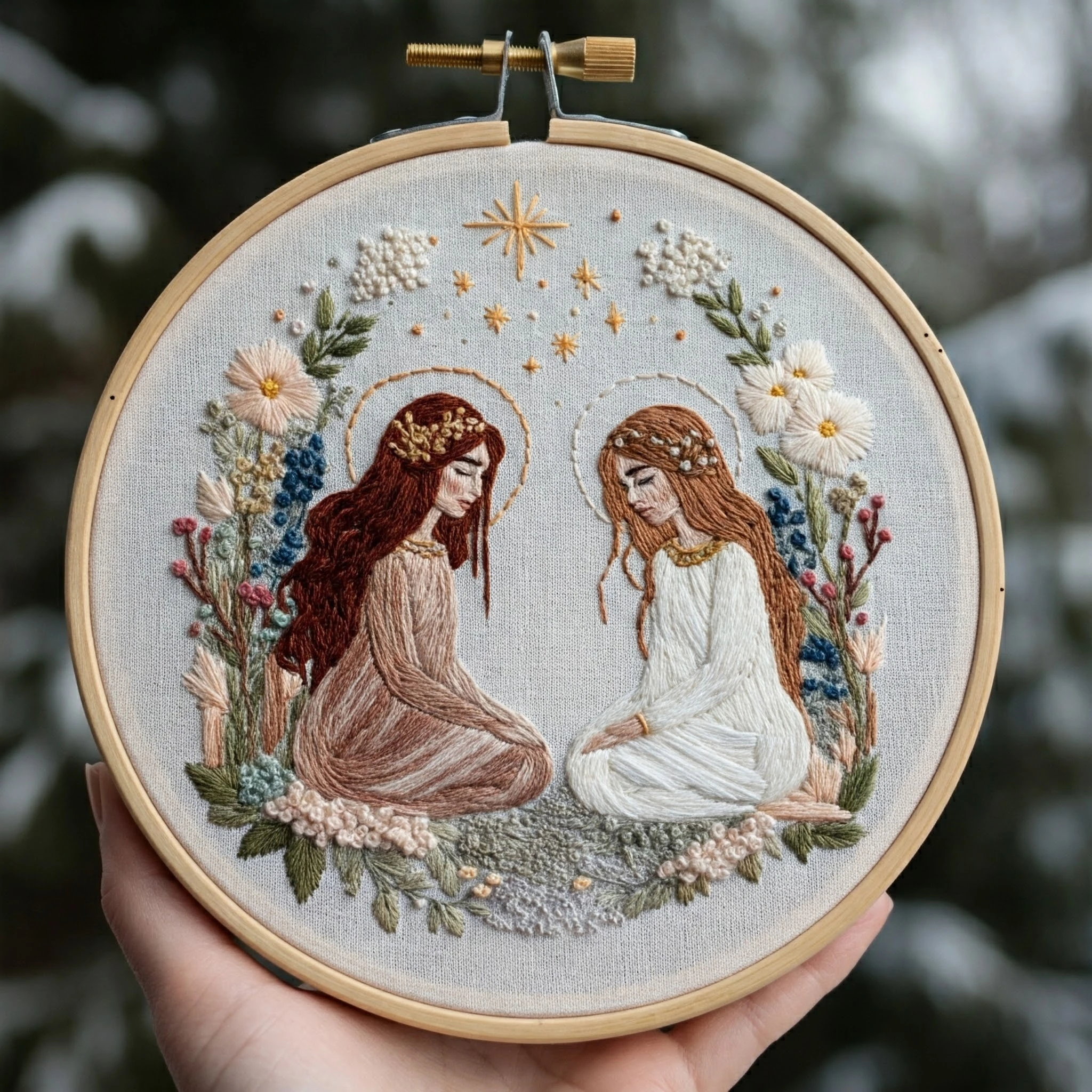 Celestial Sisters Embroidery Hoop Art