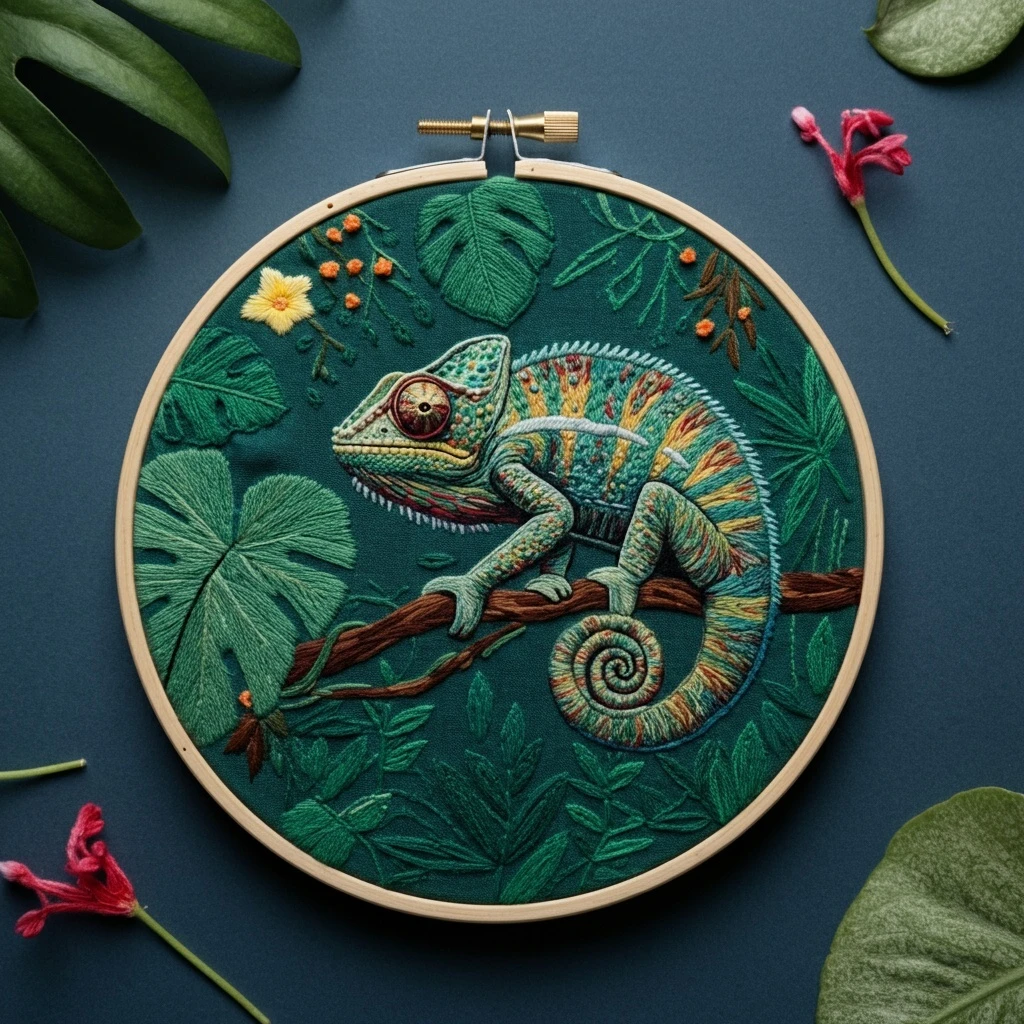 Chameleon in the Jungle Embroidery Art