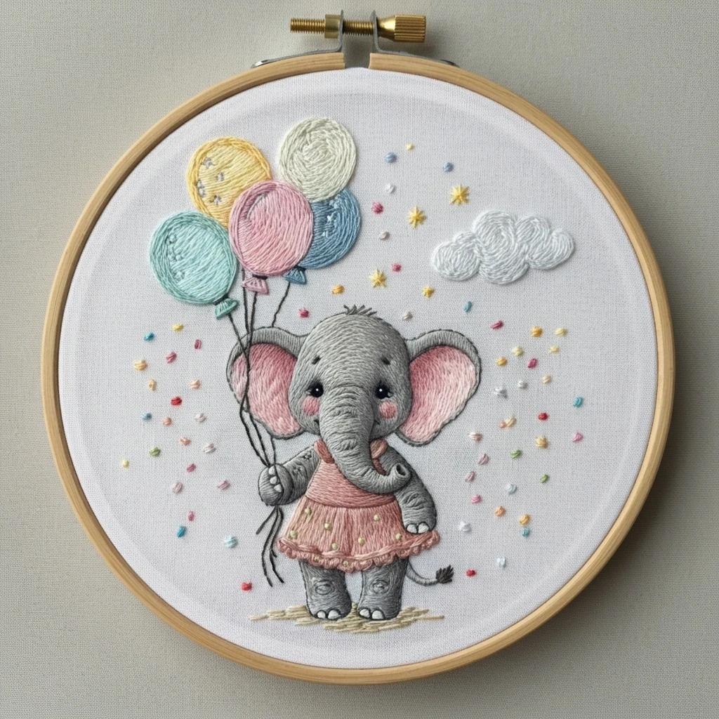Charming Baby Elephant with Balloons Hand Embroidery Hoop Art