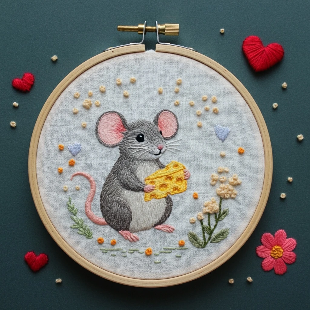Charming Hand Embroidered Mouse with Cheese