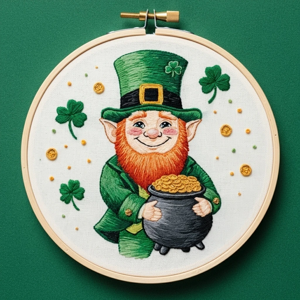 Cheerful Leprechaun with Pot of Gold Embroidery