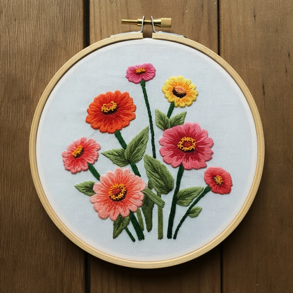 Cheerful Zinnia Garden Embroidery Art