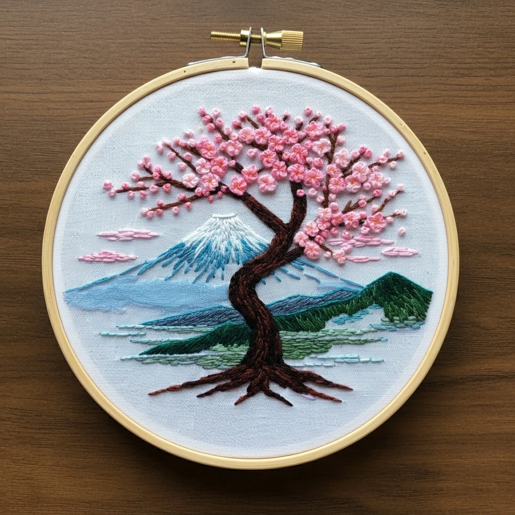 Cherry Blossom Tree and Mount Fuji Hand Embroidery
