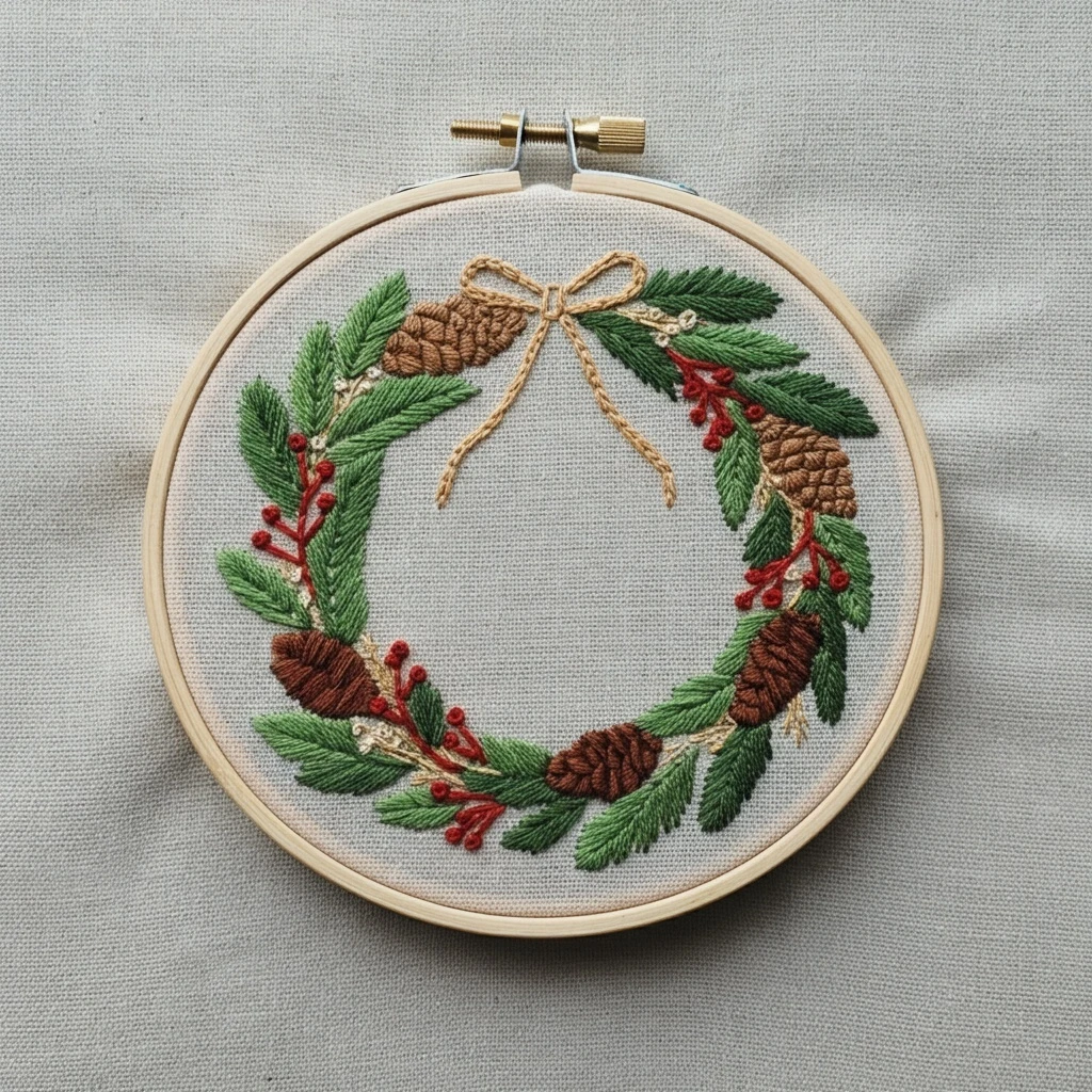 Christmas Wreath Hand Embroidery Hoop Art